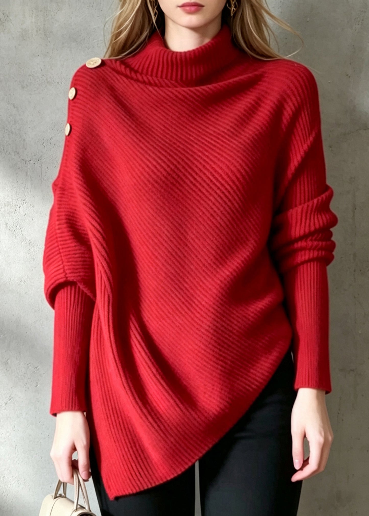 French Red Turtleneck Asymmetrical Knit Pullover Long Sleeve