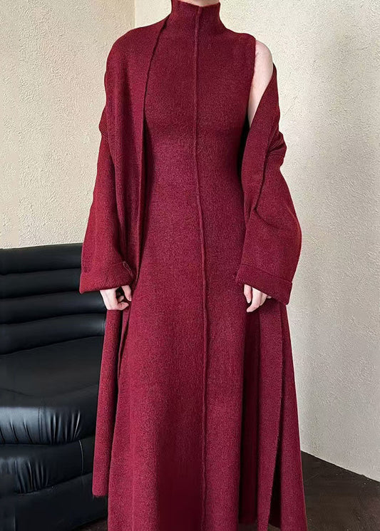 French Red V Neck Coat And Tank Dress Knit Two Pieces Set Spring