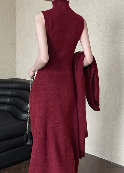 French Red V Neck Coat And Tank Dress Knit Two Pieces Set Spring