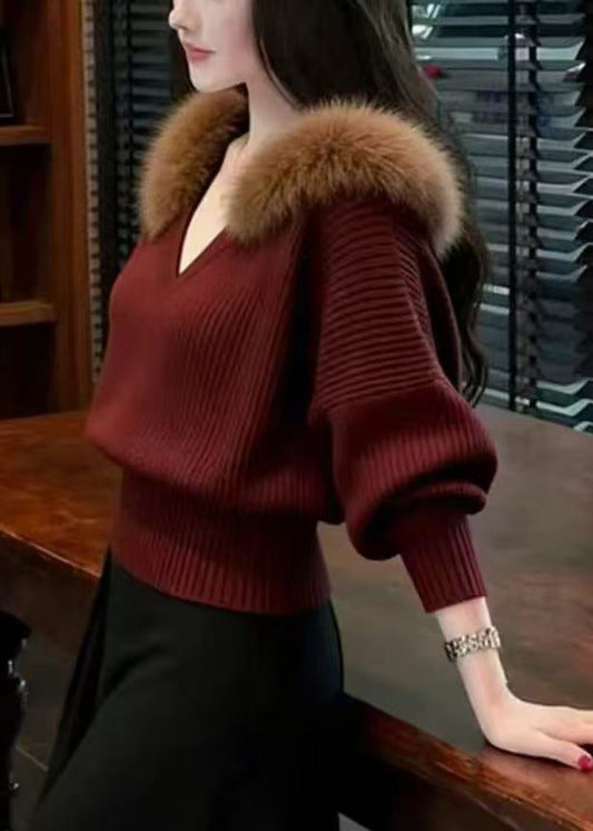 French Red V Neck Fur Collar Warm Knit Shirts Winter