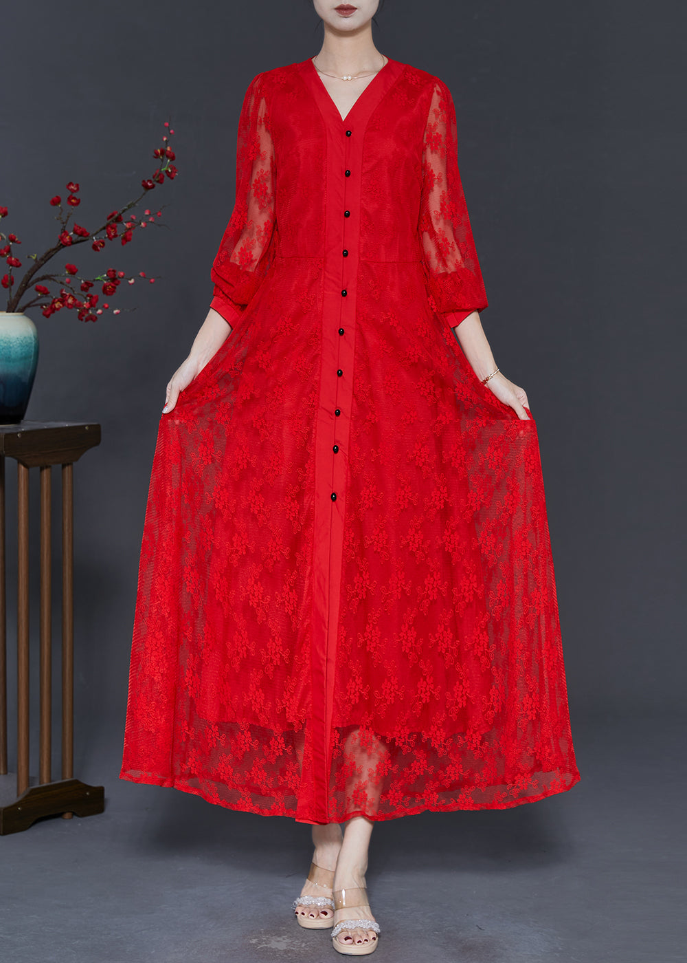 French Red V Neck Hollow Out Lace Holiday Dress Spring