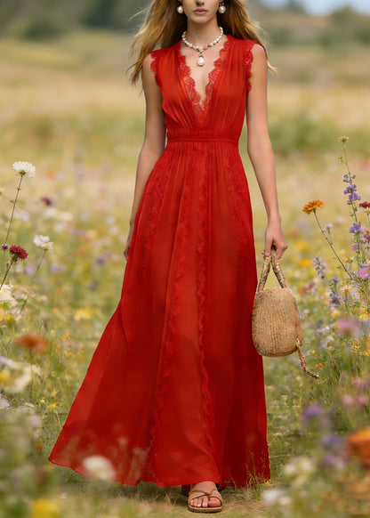 French Red V Neck Lace Patchwork Cotton Maxi Dress Summer