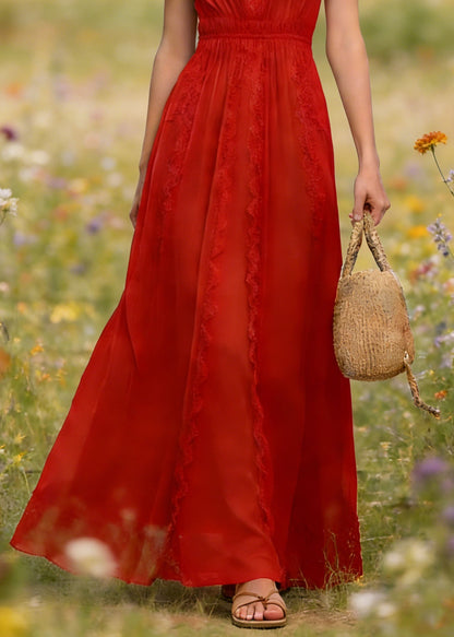 French Red V Neck Lace Patchwork Cotton Maxi Dress Summer