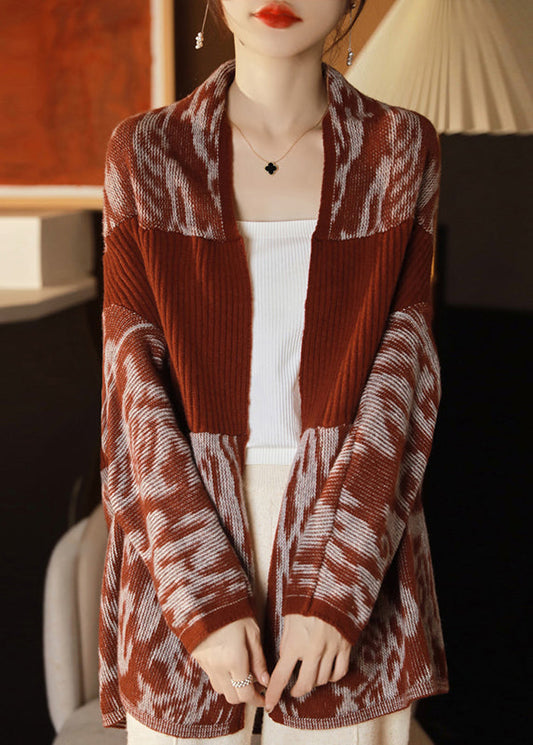 French Red V Neck Patchwork Wool Knit Cardigans Long Sleeve