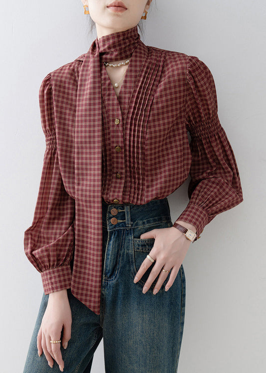French Red V Neck Plaid Wrinkled Cotton Blouses Spring