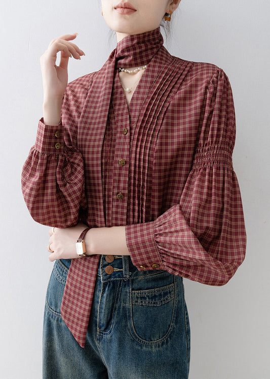 French Red V Neck Plaid Wrinkled Cotton Blouses Spring