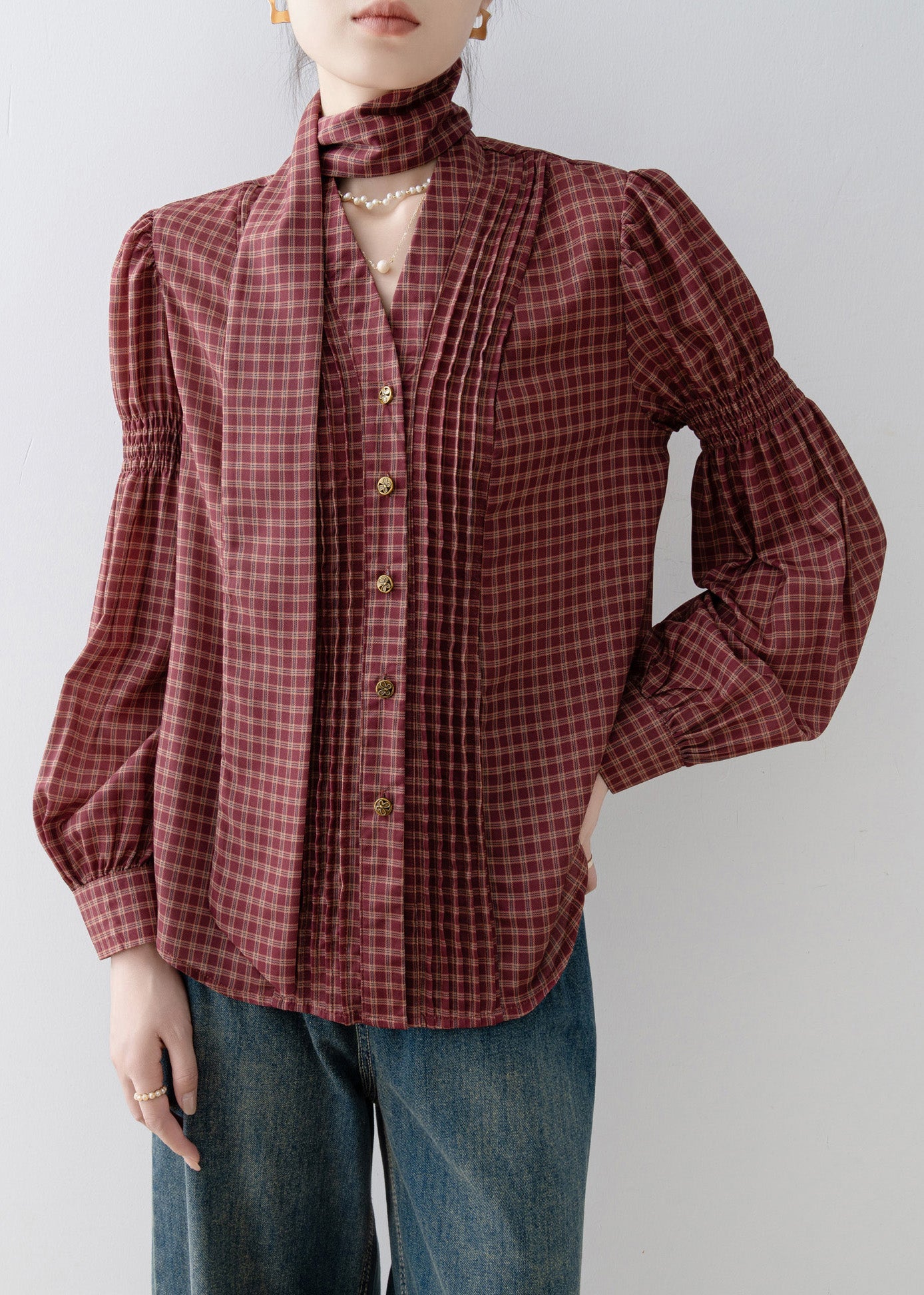 French Red V Neck Plaid Wrinkled Cotton Blouses Spring