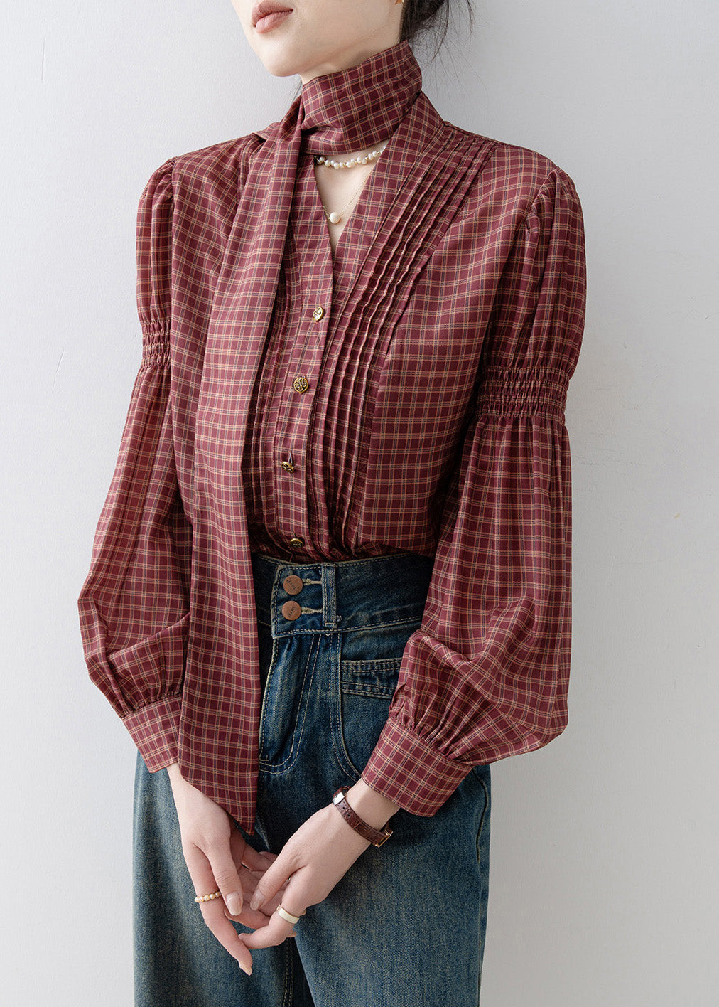 French Red V Neck Plaid Wrinkled Cotton Blouses Spring
