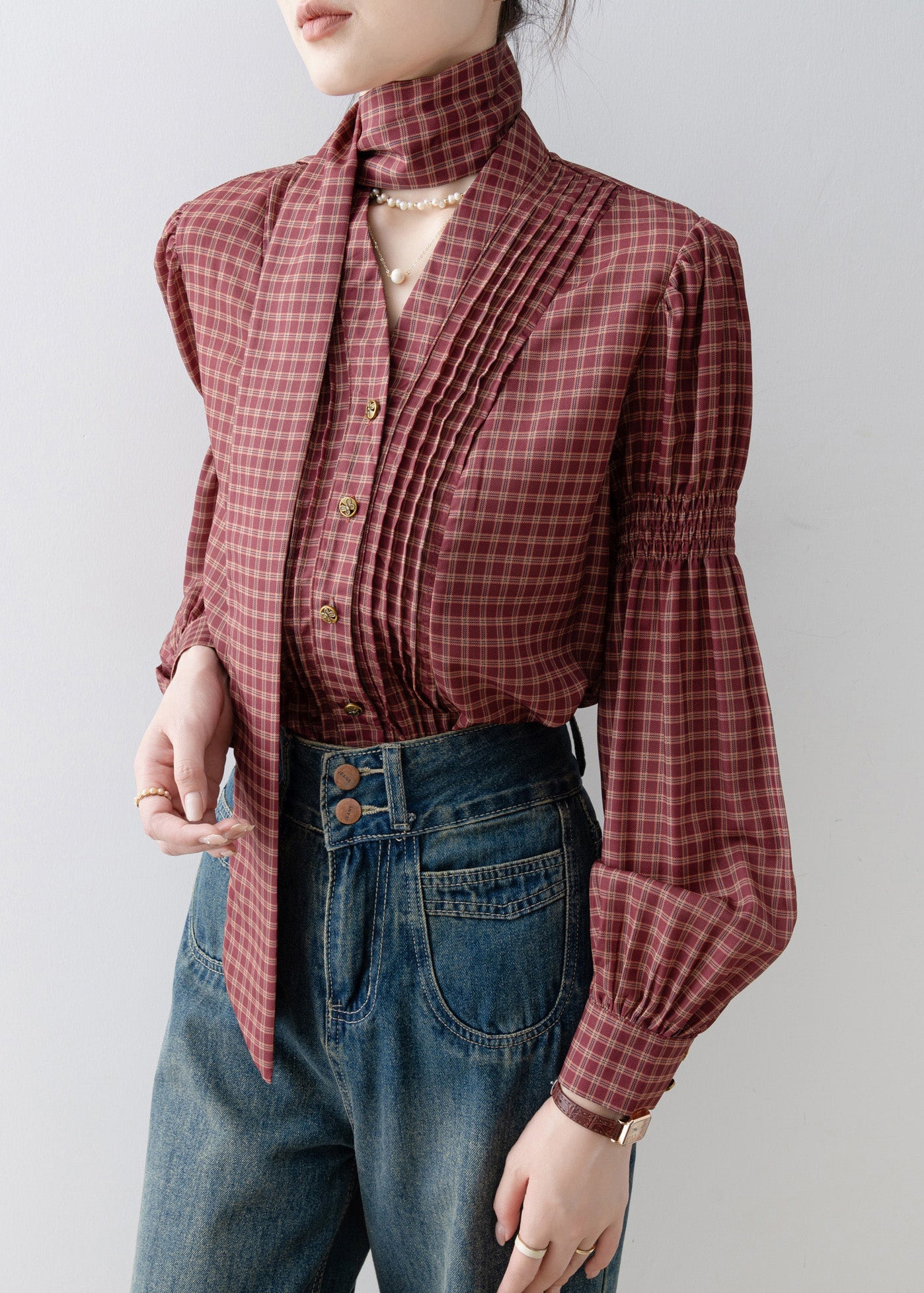 French Red V Neck Plaid Wrinkled Cotton Blouses Spring