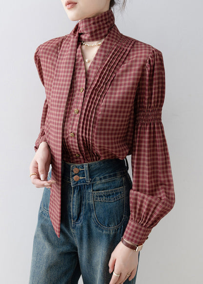 French Red V Neck Plaid Wrinkled Cotton Blouses Spring