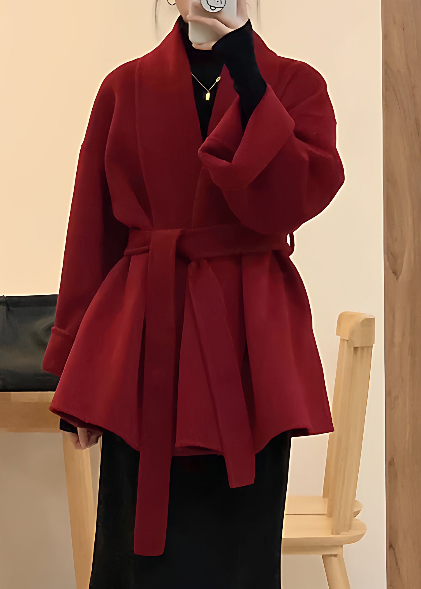 French Red V Neck Pockets Solid Woolen Coats Fall