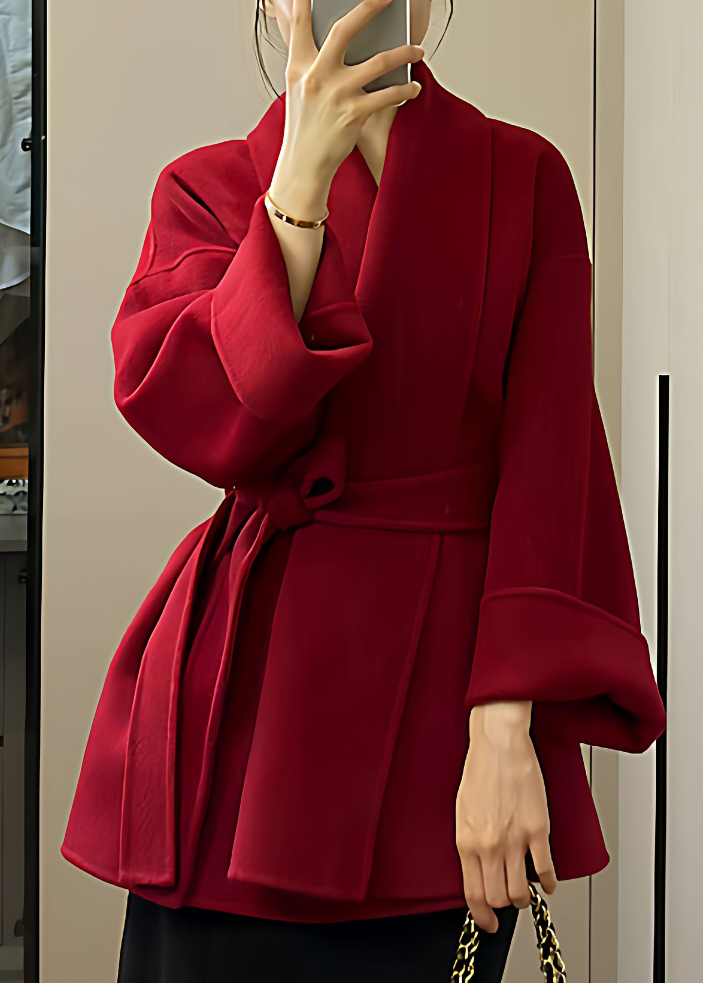 French Red V Neck Pockets Solid Woolen Coats Fall