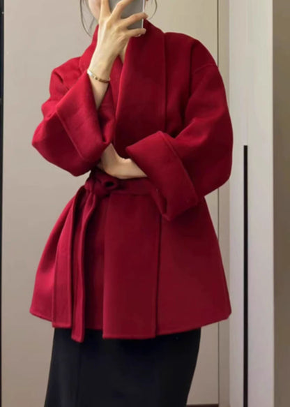 French Red V Neck Pockets Solid Woolen Coats Fall