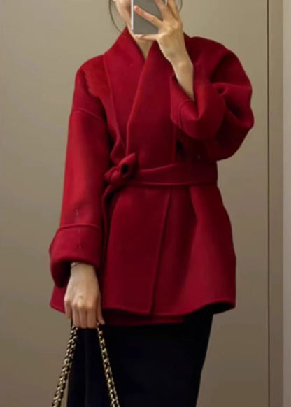 French Red V Neck Pockets Solid Woolen Coats Fall