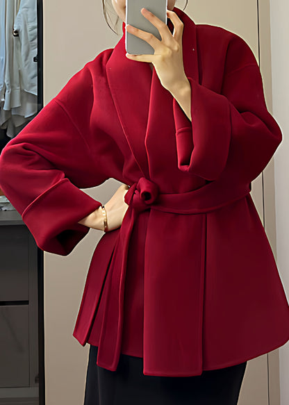 French Red V Neck Pockets Solid Woolen Coats Fall