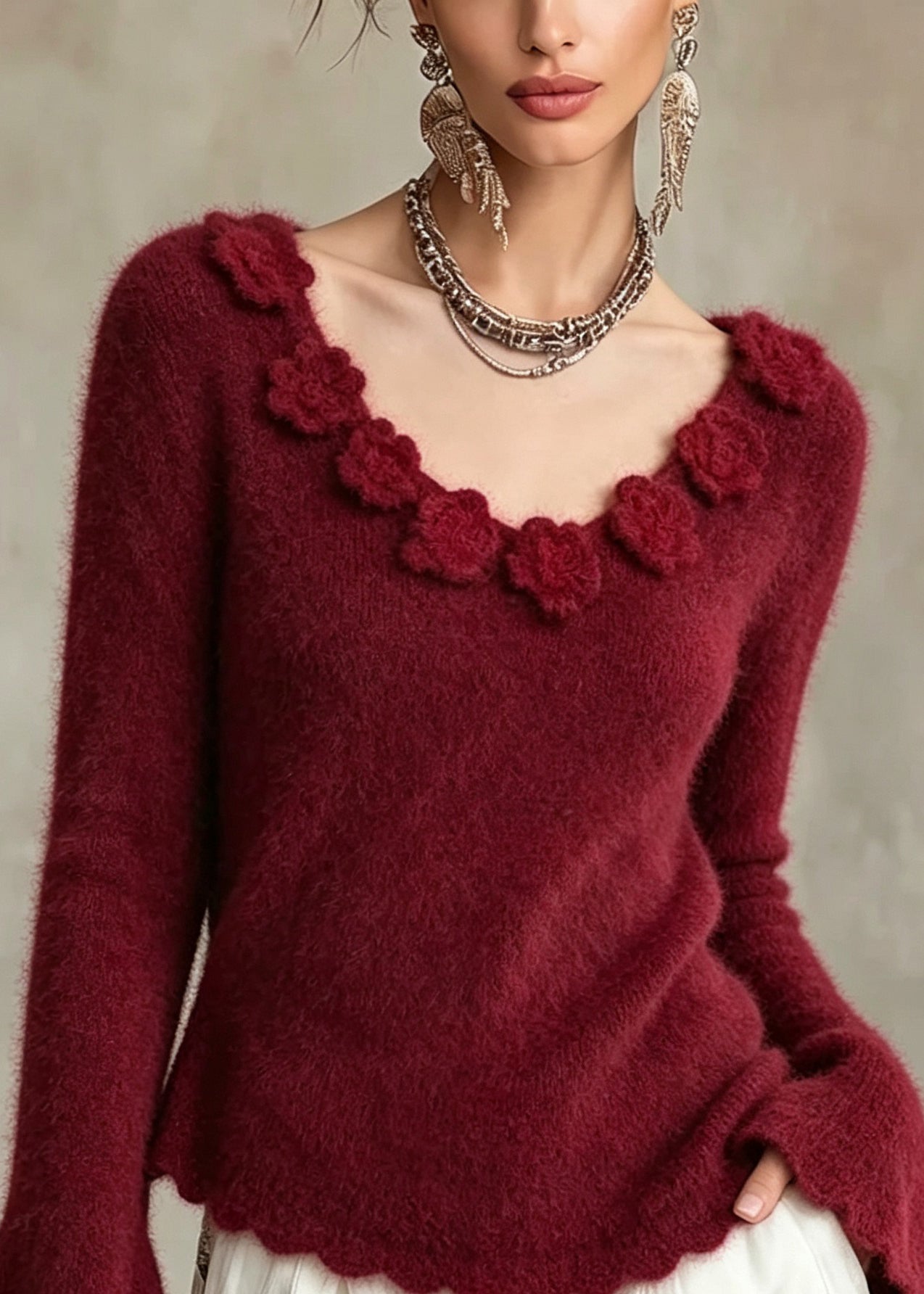 French Red V Neck Print Knit Sweaters Flare Sleeve