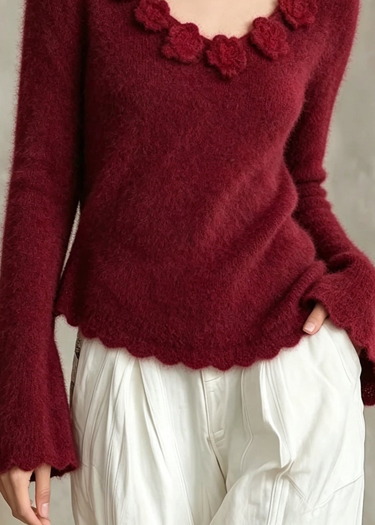 French Red V Neck Print Knit Sweaters Flare Sleeve