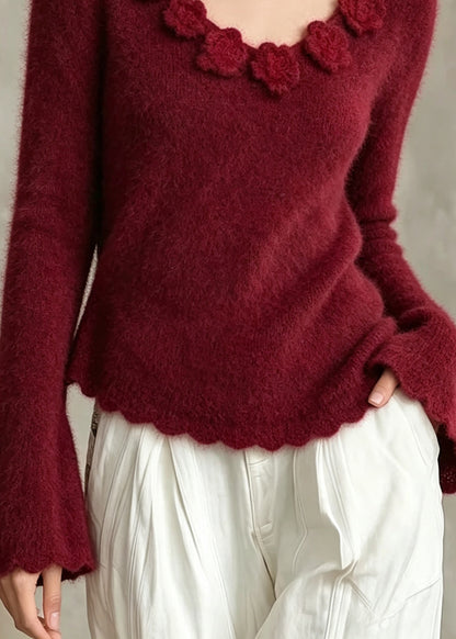 French Red V Neck Print Knit Sweaters Flare Sleeve