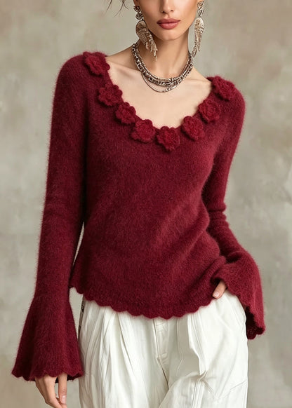 French Red V Neck Print Knit Sweaters Flare Sleeve