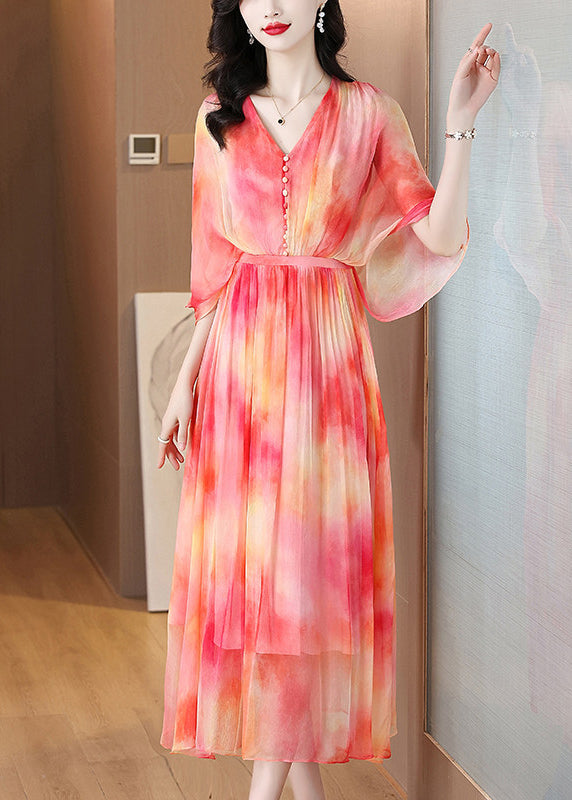 French Red V Neck Print Silk Maxi Holiday Dress Half Sleeve