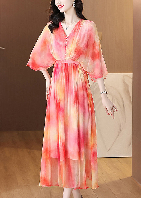 French Red V Neck Print Silk Maxi Holiday Dress Half Sleeve