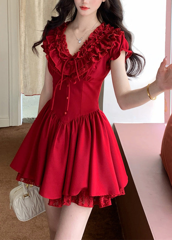 French Red V Neck Ruffled Patchwork Cotton Mid Dresses Summer