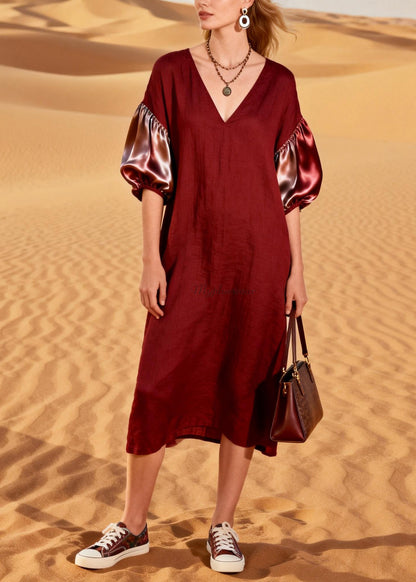 French Red V Neck Silk Patchwork Linen Dresses Summer