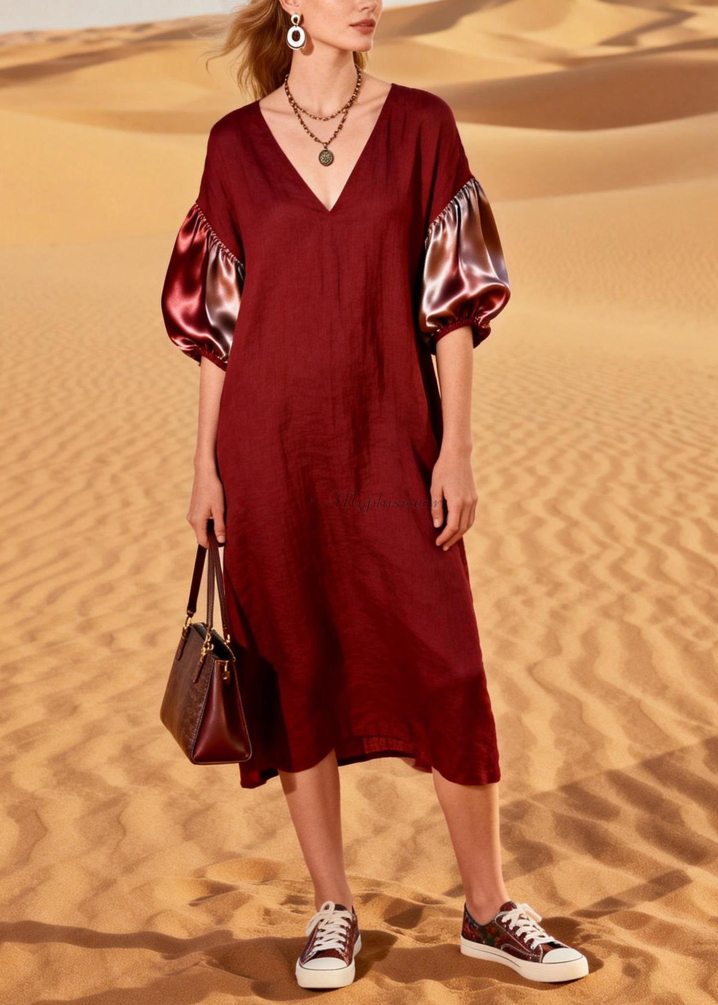 French Red V Neck Silk Patchwork Linen Dresses Summer