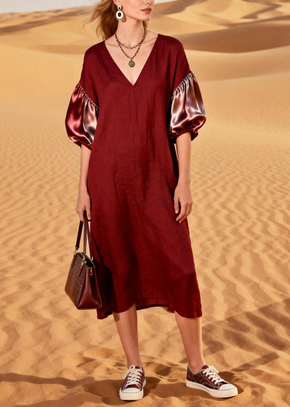 French Red V Neck Silk Patchwork Linen Dresses Summer