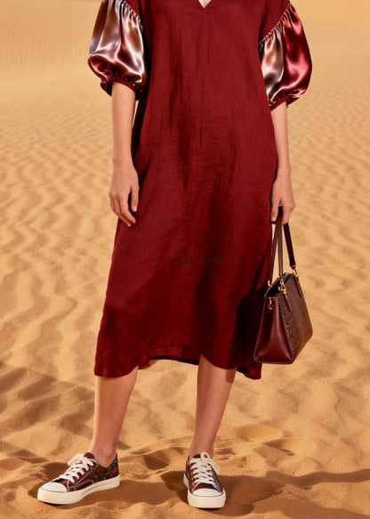 French Red V Neck Silk Patchwork Linen Dresses Summer