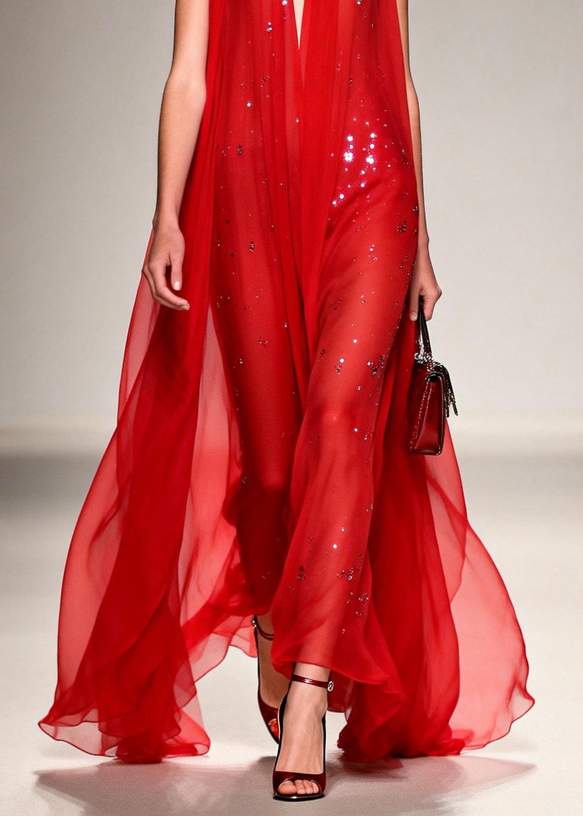 French Red V Neck Zircon Patchwork Chiffon Ankle Dress Sleeveless