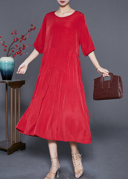 French Red Wrinkled Tie Waist Linen Long Dresses Summer
