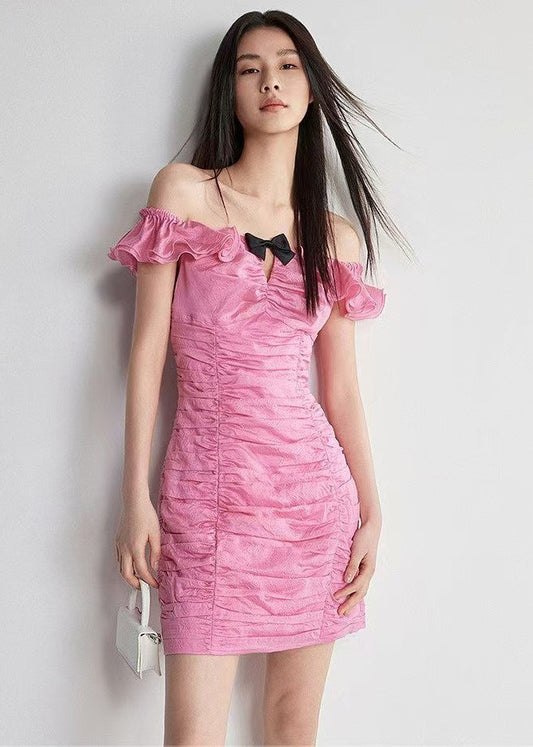 French Rose Cold Shoulder Wrinkled Cotton Vacation Dress Summer