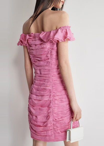 French Rose Cold Shoulder Wrinkled Cotton Vacation Dress Summer