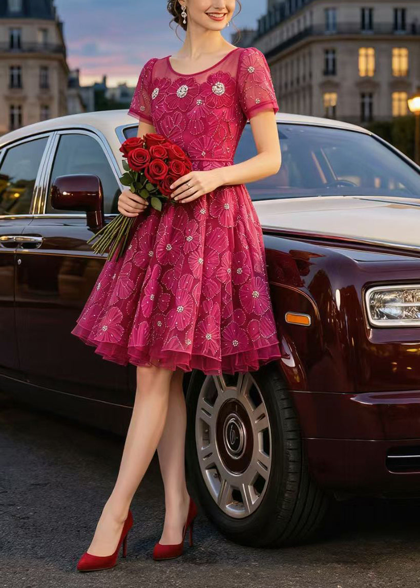 French Rose Embroidered Floral Tulle Party Dresses Summer