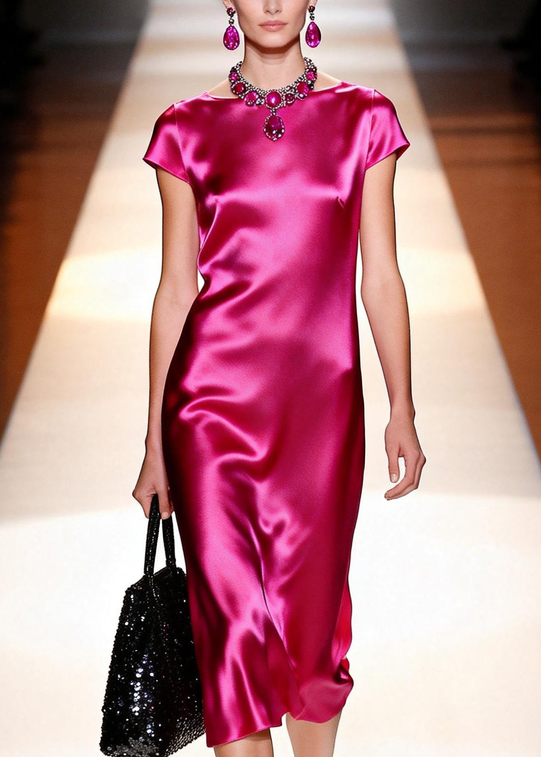 French Rose O Neck Draping Silk Long Dress Summer