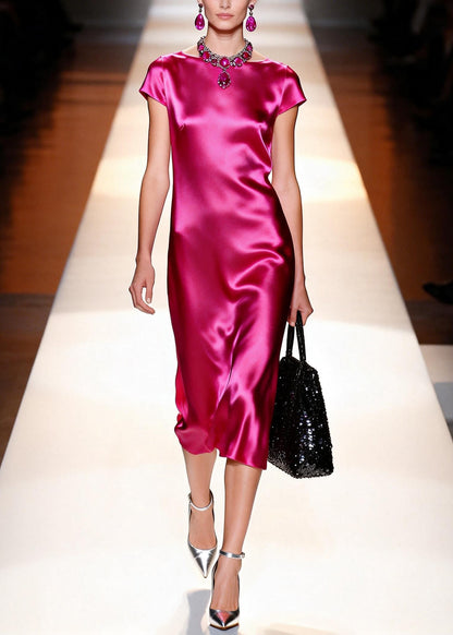French Rose O Neck Draping Silk Long Dress Summer