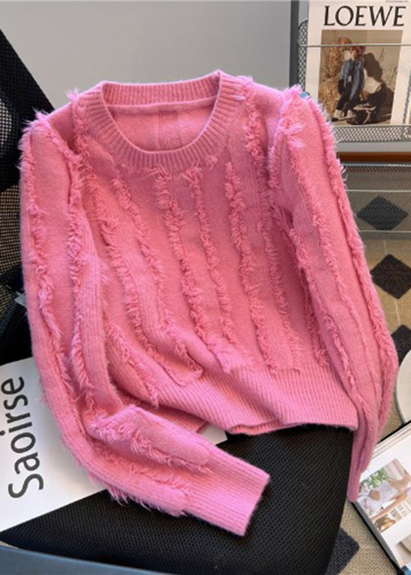 French Rose O Neck Tassel Patchwork Knit Sweaters Spring