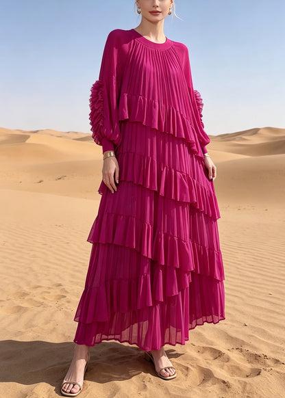 French Rose Oversized Ruffles Chiffon Maxi Dresses Summer
