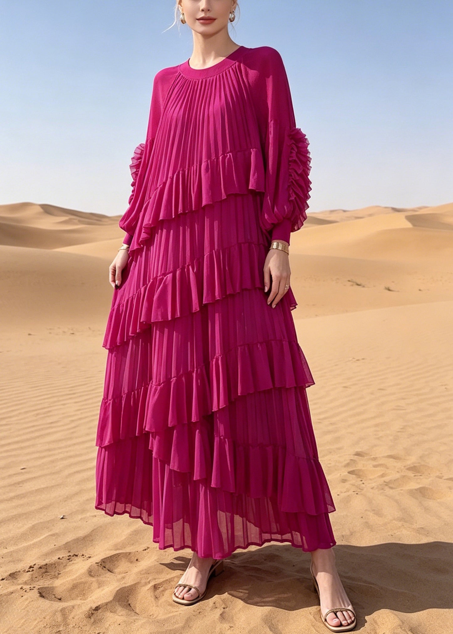 French Rose Oversized Ruffles Chiffon Maxi Dresses Summer