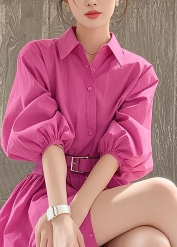 French Rose Peter Pan Collar Button Sashe Shirt Dress Summer