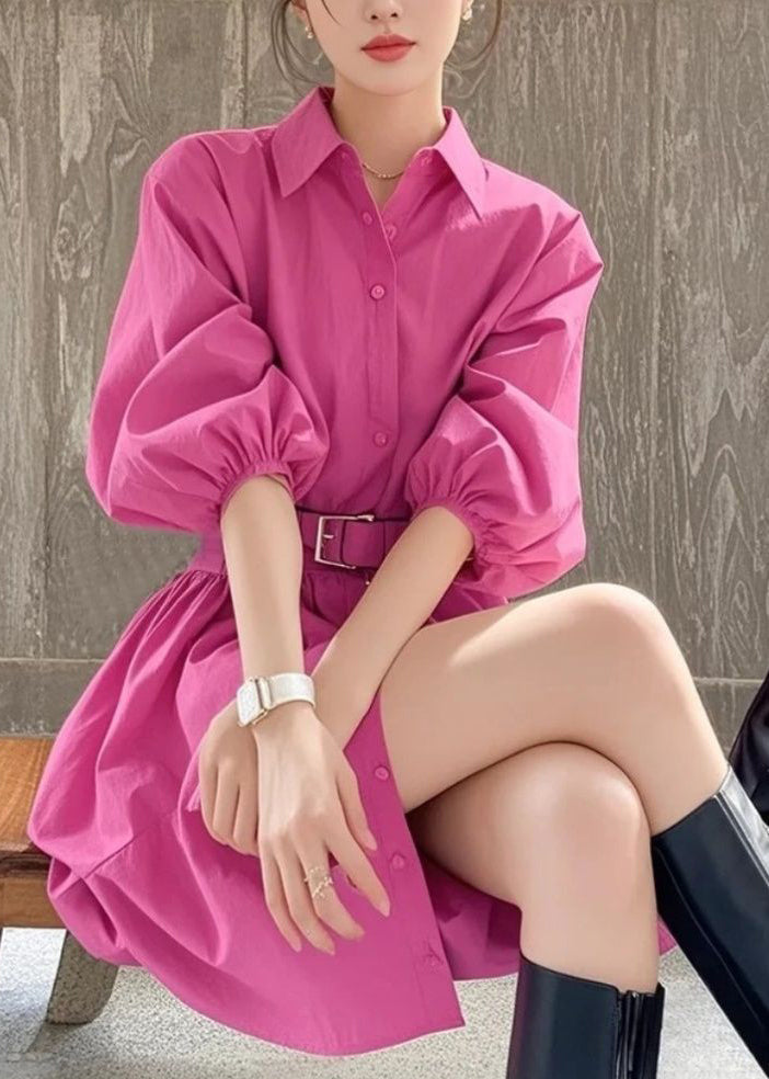 French Rose Peter Pan Collar Button Sashe Shirt Dress Summer