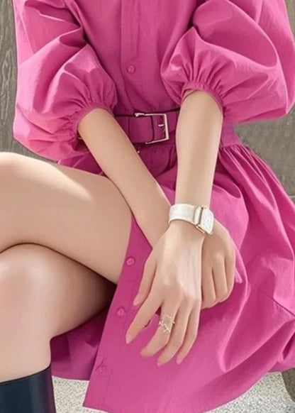 French Rose Peter Pan Collar Button Sashe Shirt Dress Summer