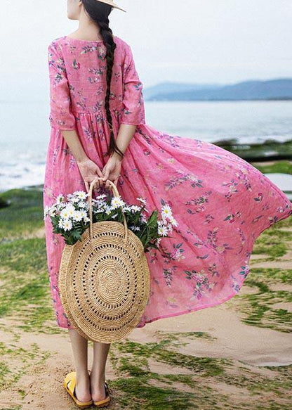 French Rose Print Cinched Pockets Maxi Summer Linen Dress - SooLinen