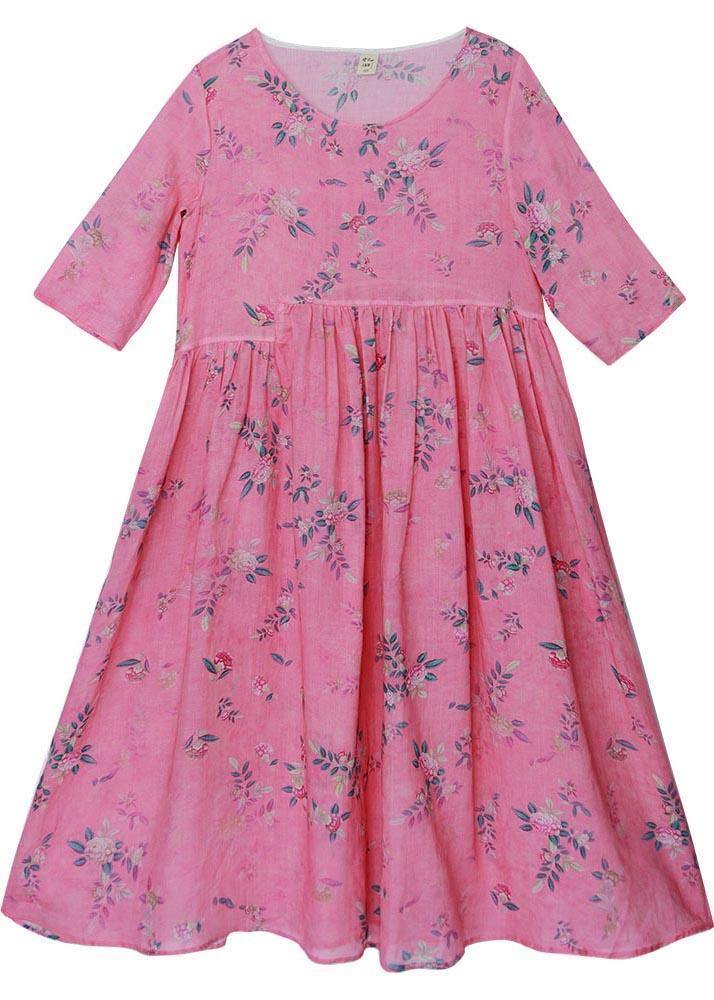 French Rose Print Cinched Pockets Maxi Summer Linen Dress - SooLinen