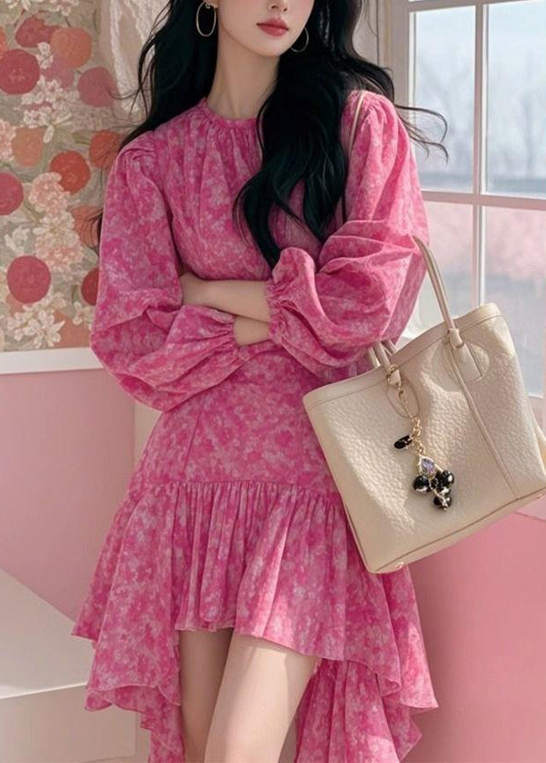 French Rose Ruffled Asymmetrical Design Print Chiffon Dress Fall