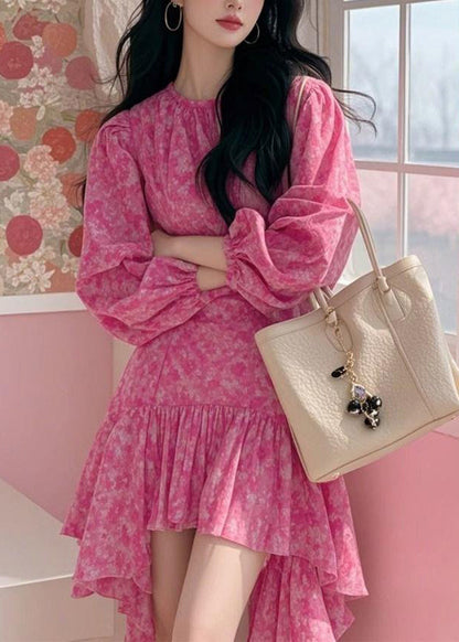 French Rose Ruffled Asymmetrical Design Print Chiffon Dress Fall