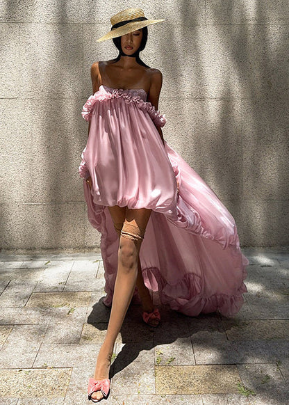 French Rose Ruffled Low High Design Chiffon Strapless Dresses Summer