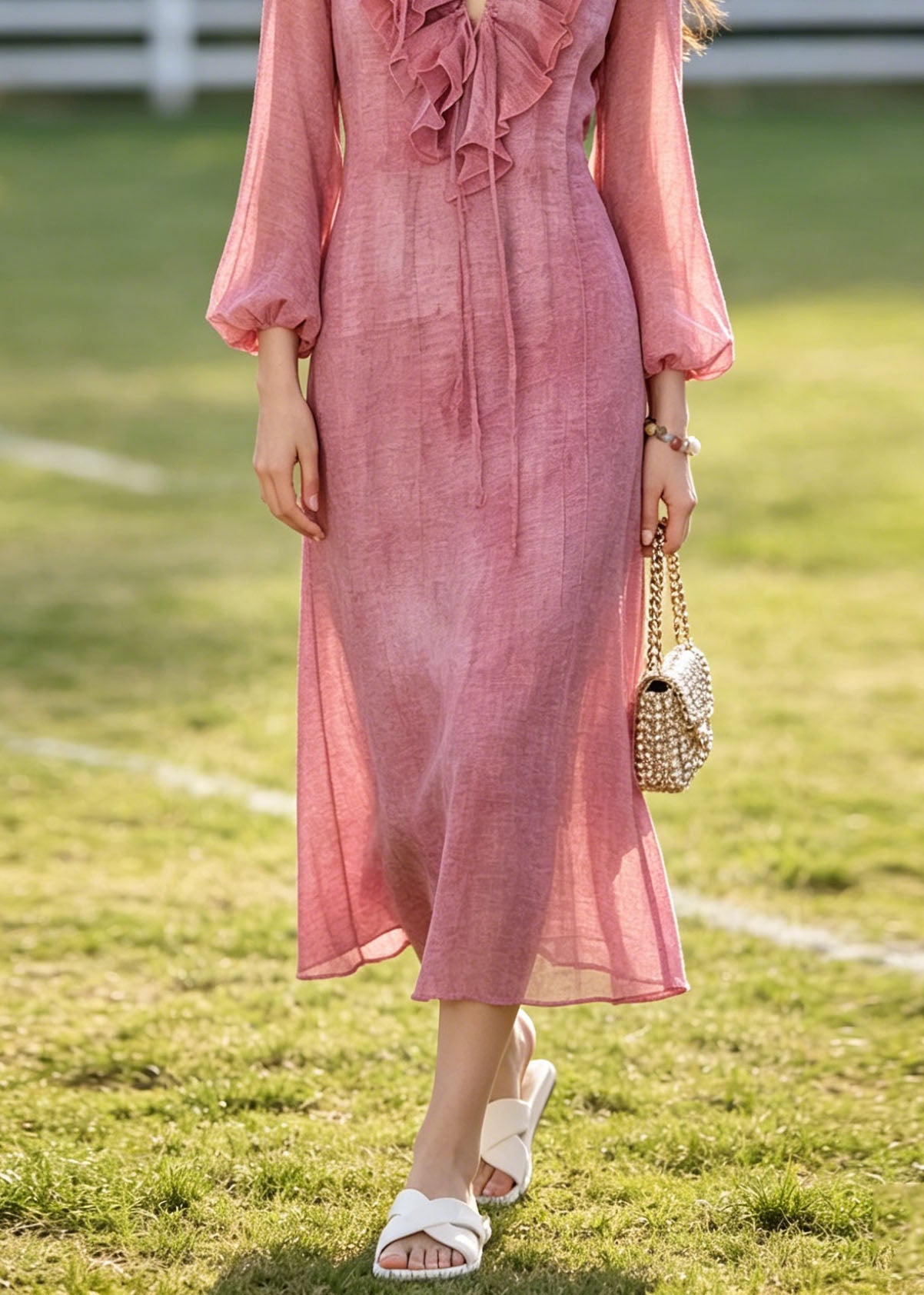 French Rose Ruffled Tie Dye Chiffon Dresses Summer