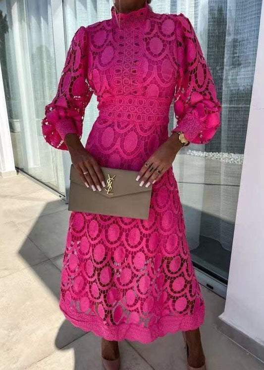 French Rose Stand Collar Puff Sleeve Lace Dress